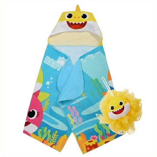 【Baby Shark】 ベビーシャーク フード付きタオル メッシュスポンジ付き サメ キャラクター バスプーフ Soft Cotton Hooded Bath Towel Wrap ●高品質な綿素材の柔らかくて心地よい手触り ●速乾性のための高吸収性素材 ●3歳から7歳までの成長期の幼児やお子様がご使用するのに十分な大きさです。 ●清潔で柔らかい肌のためにメッシュのヘチマスポンジを使用してください。 このヘチマは小さな手用に設計されているため、子供たちは簡単に自分自身を洗うことができます。 サイズ：長さ61cm×127cm ※アイロン使用不可。 ※輸入品の為、小キズ、ほつれ、プリント擦れ等ある場合が御座います。 予めご了承頂きます様宜しくお願い致します。