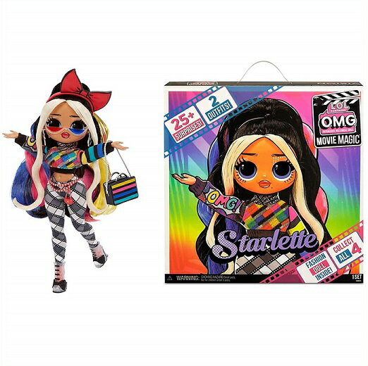 LOL Surprise OMG Movie Magic Starlette Fashion Doll with 25 Surprises LOLサプライズムービーマジックOMGファッションドールのスターレットと 3Dメガネを含む25のサプライズを開封すると、さらなるサプライズが待っています。 ●ユニークなムービーシーン： スターレットは、魅力的な顔立ちとスタイリングされた髪を持ち、 可動式で様々なポーズをとることができます。 さらに、ファンに人気のLOLサプライズのキャラクター、 ポップハートとカンザスQTのお姉さんでもあります。 スターレットのユニークな映画のシーンを開封し、 4体のムービーマジックOMGドールから映画の脚本を集めてストーリーを完成させましょう。 ●2つのファースタイル スターレットに2つの激しいファッションと素敵なアクセサリーを着せてあげましょう。 手は着せ替えがしやすいように取り外し可能です。 ●パッケージが映画のセットや劇場のプレイセットになります。 LOLムービードールのパッケージは、再利用可能なプレイセットになっており、 ムービーセット/シアターになります。 含まれるもの： LOLサプライズOMGファッションドール1体、ファッション衣装2着、靴、アクセサリー、 3Dメガネ、映画のシーン、映画の台本、帽子箱、ヘアブラシ、衣装袋、ステッカー、 ハンガー、ドールスタンド、再利用可能なパッケージのプレイセットが入っており、 全く新しい開封体験ができます。 ●LOL Surprise Movie Magic OMGファッションドール4体をすべて集めて、 宇宙が見たこともないような素晴らしい映画を作りましょう。 それぞれの人形は、異なる映画のジャンルをベースにしています。 Starletteの他に、LOL Surprise Movie Magic OMGシリーズには、 Spirit Queen、Ms.Direct、Gamma Babeの3つのファッションドールがあります。 それぞれのドールの特別なシーンや脚本を開封しながら、 自分だけの激しい映画を作ったり、リミックスしたりすることができます。 対象年齢：4歳以上 ※輸入品の為、パッケージに小キズ、擦れ等ある場合が御座います。 予めご了承頂きます様宜しくお願い致します。