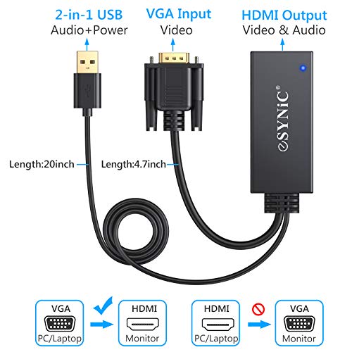eSynic VGA to HDMI 変換ケーブル 1080P USB給電 音声出力対応 金メッキ パソコン ラップトップに対応 GAto HDMI変換アダプタ 2
