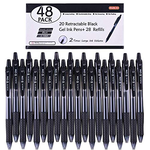 Rakuten - Shuttle Art ジェルボールペン ゲルペン ゲルインク ノック式 ブラック 0.7mm 20本 28替え芯 48パック 速乾 クリップ付き 手帳 ノート イラスト グラフ スケッチ 事務用 筆記具用