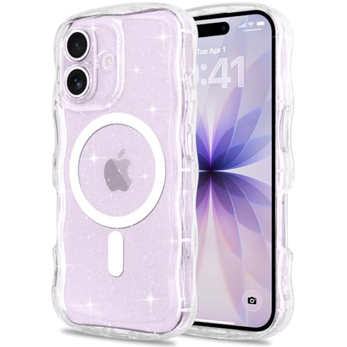 Pepmune iPhone 17 用 ケース キラキラ ラメ カバー 韓国 かわいい 可愛い ウェーブ 半透明 MagSafe対応 ワイヤレス充電対応 耐衝撃 人気 シンプル 滑り止め マグネット搭載 ストラップホール付き スマホケース (クリア)