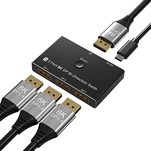 CABLEDECONN DisplayPort 8K DP 1.4 スイッチ 3イン 1イン 3出力 双方向 8K@30Hz 4K@144Hz スプリッターコンバーター 複数のソースとディスプレイ用