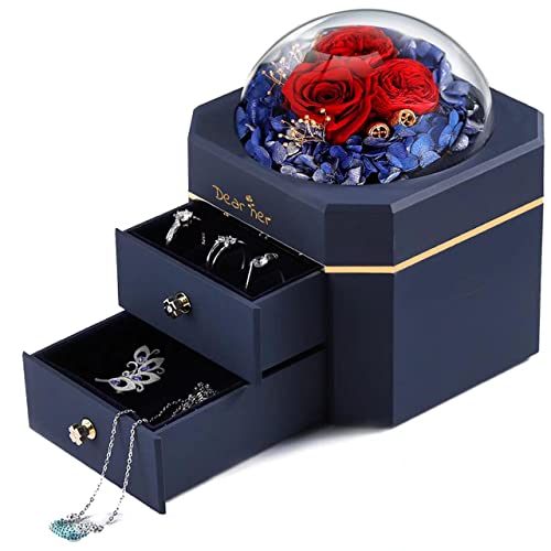 Luckystar 美女と野獣ローズ 本物のバラで手作り保存花、枯れない花、永遠の花、薔薇、3輪、ガラスギフトボックス入りプリザーブドフラワー、結婚式、バレンタイン、母の日、記念日などのプレゼントに最適、彼女への最高の贈り物レッド (ジュエリーボックスのサムネイル