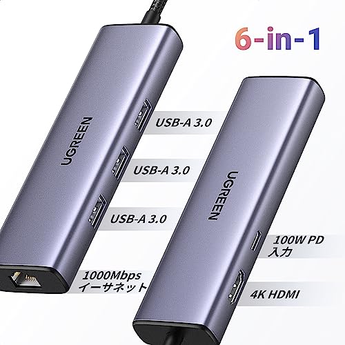 UGREEN USB-Cハブ 6-IN-1 4K@30Hz HDMI出力 Type-Cアダプター 4K HDMI 100W Power Delivery急速充電 ギガビットイーサネット LAN ポート 3*USB 3.0ポート Windows 11/1 - Image 2