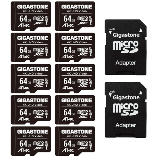 Gigastone マイクロsdカード 64GB 10個セット, SDアダプタ付き, 4K UHD ビデオ 撮影, 90MB/S, MicroSDXC UHS-I A1 U3 C10