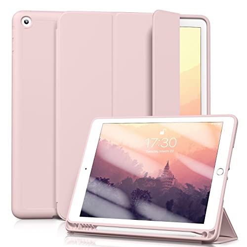 Rakuten - Aoub iPad 9.7 インチ 第5 第6世代 (2018/2017) ケース オートスリープ/ウェイク機能対応 Apple Pencilペン収納 ホルダー付 スマートカバー ソフト TPU 薄型 軽量 耐衝撃 三つ折りスタンド (ピンク)