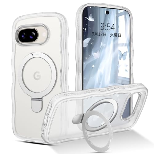 GUAGUA Google Pixel 9A ケース クリア ウェーブ ピクセル Magsafe対応 ワイヤレス充電 回転スタンド 9a ソフト うねうね 純透明 マツと感 人気 韓国 耐衝撃 超軽量 薄型 おしゃれ 黄ばみなし アクスタが入る スマホ