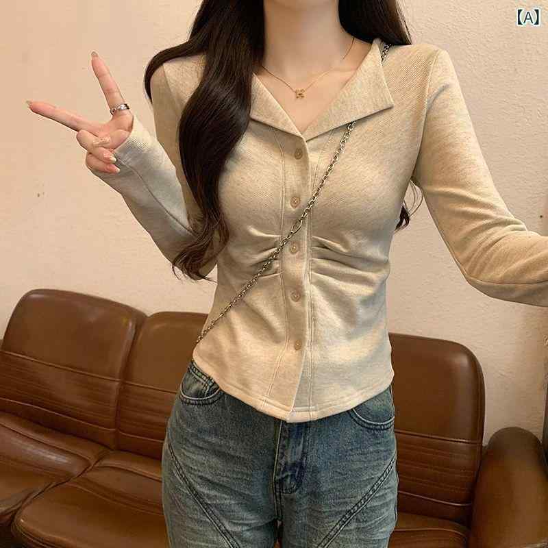 Tシャツ レディース 長袖 POLO襟 不規則 ギャザー スリム フィット 着痩せ インナー トップス 春秋 カジュアル 無地 カーキ グレー