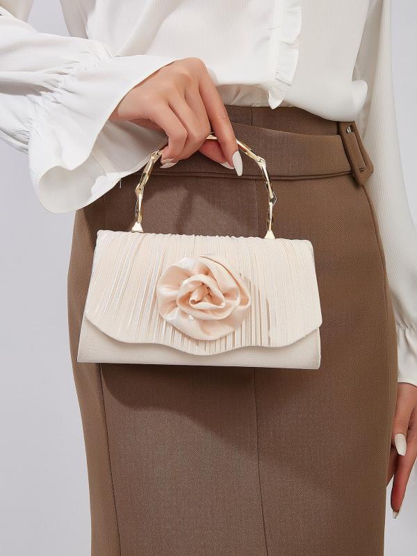 パーティーバッグ ベージュ プリーツ サテン 立体フラワー ゴールドバンブーハンドル フレンチスタイル 上品 エレガント ハンドバッグ クラッチ 結婚式 二次会 お呼ばれ