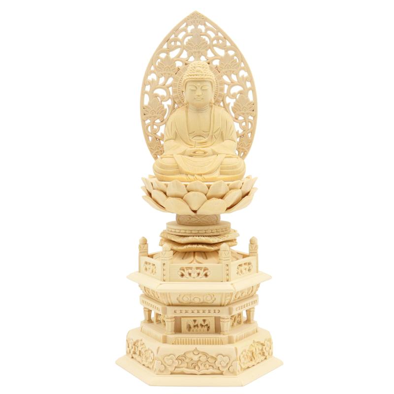 栗田仏像ブランド【如来】釈迦如来 座像 桧木製高級木彫り 草光背 六角台