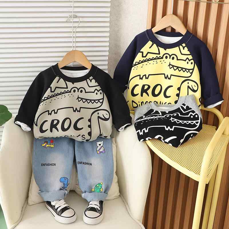 Occidental Goods - 子供服 男の子 キッズ ベビー セットアップ 上下セット 春秋 恐竜 ワニ柄 アニマル柄 おしゃれ カジュアル 普段使い お出かけ ルームウェア 綿混 柔らか素材 長袖 長ズボン ロングパンツ