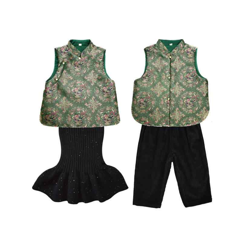 ベスト キッズ ベビー用 冬 防寒 保温 厚手 中綿 新中国風 唐装 チャイナ服 漢服 花柄 兄弟姉妹 お揃い お祝い着 柔らかな肌触り 高級感