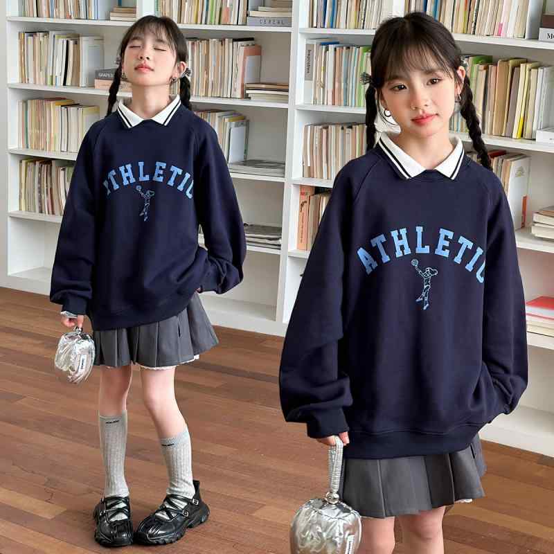 乐天商城 - スウェット 女の子 ガールズ キッズ ジュニア 春秋 長袖 アルファベット ポロ襟 スポーツ カジュアル スクール風 韓国風 綿 普通地 プルオーバー トレーナー