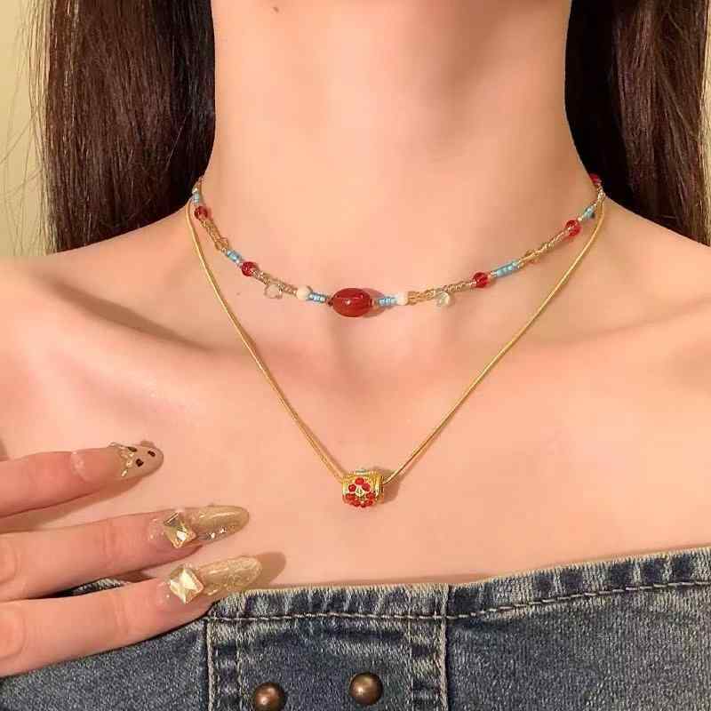 Heart - ネックレス レディース 中華風 シルクロード 敦煌カラー 西域風情 銅製 電気メッキ チョーカー 鎖骨ライン 普段使い パーティー 上品 高級感 軽やかラグジュアリー 紅瑪瑙 ビーズ