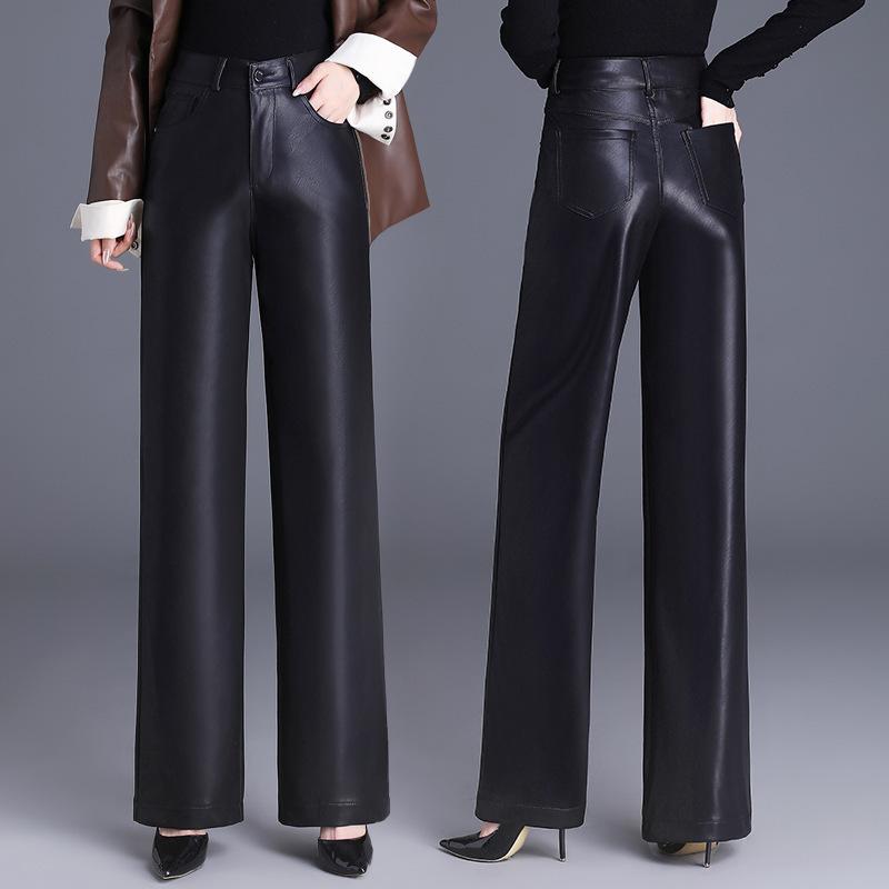 ボトムス レディース 高級感 本革 レザーパンツ ハイウエスト 羊革 裏起毛 厚手 保温 ワイド ス ...