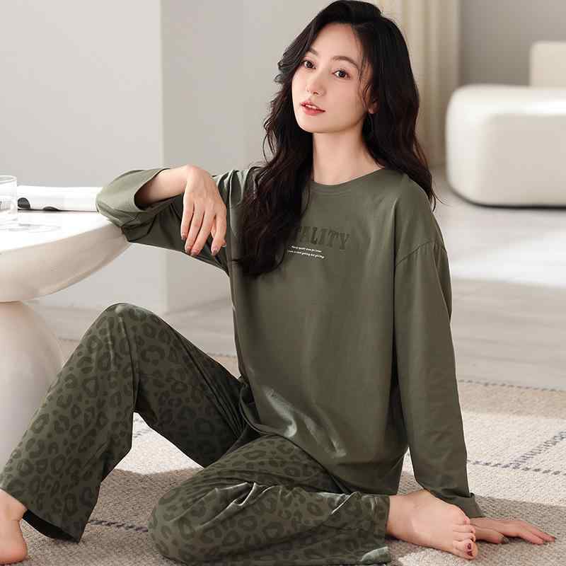 ルームウェア レディース パジャマ 上下セット 綿100% 長袖 ロングパンツ 大きいサイズ ゆったり 春秋 部屋着 カジュアル 通気性 快適 丸首 プルオーバー