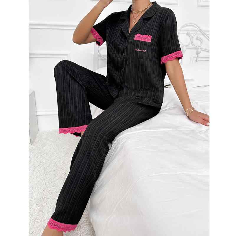 パジャマ レディース 秋冬 開襟 前開き ストライプ柄 レース装飾 ロングパンツ 2点セット ルームウェア 部屋着 上下セット 快適 通気性 ワンマイルウェア ブラック 欧米風