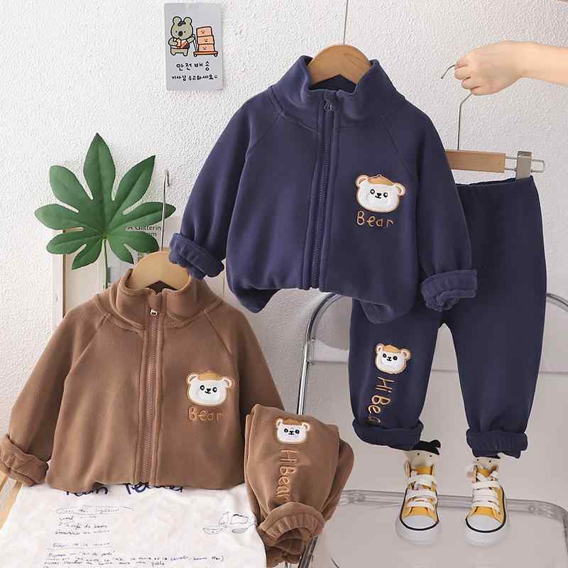 キッズ 男の子 ベビー 秋冬 フリース 裏起毛 厚手 暖かい 防寒 長袖 長ズボン カジュアル おしゃれ トレンド くま柄 上下セット ジップアップ 2点セット(4.0)