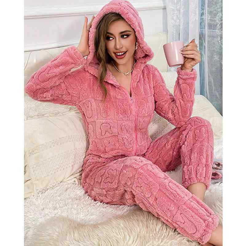 ルームウェア レディース 高級感 欧米風 秋冬 もこもこ サンゴフリース あったか ゆったり オールインワン つなぎ パジャマ 長袖 ロング丈 部屋着 ソフトタッチ ピンク