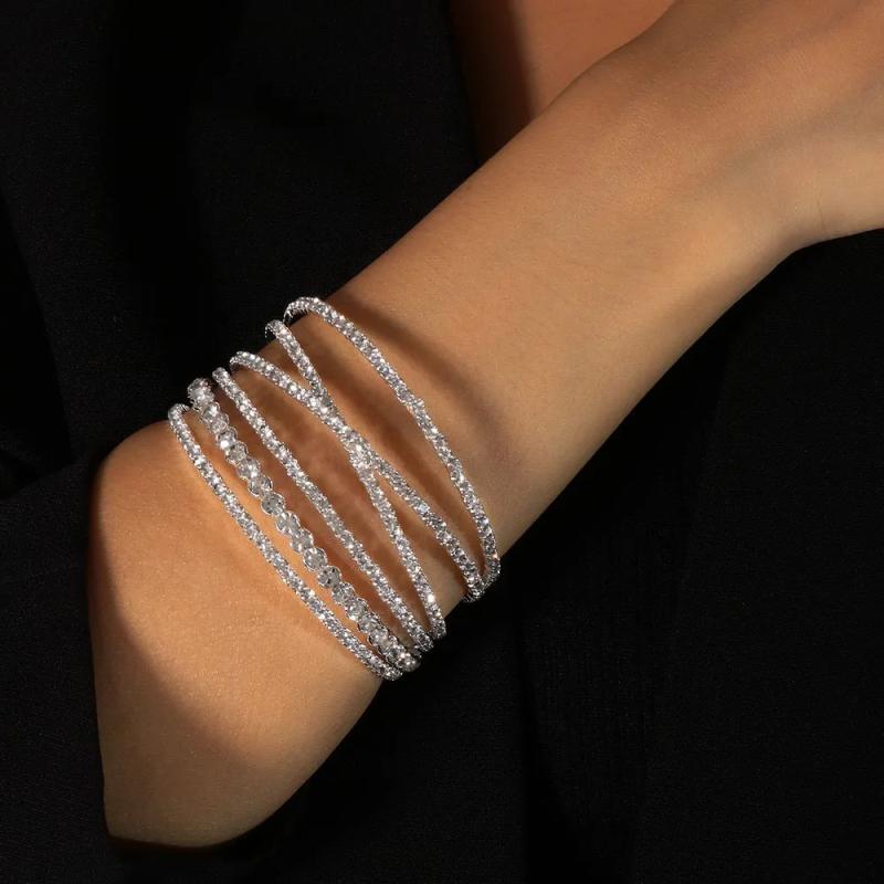 ブレスレット レディース 開口 バングル 欧米風 ボリューム 存在感 ラインストーン 輝く 多層 レイヤード クロス 交差 ブライダル ウェディング パーティー お呼ばれ フォーマル シルバー ゴールド