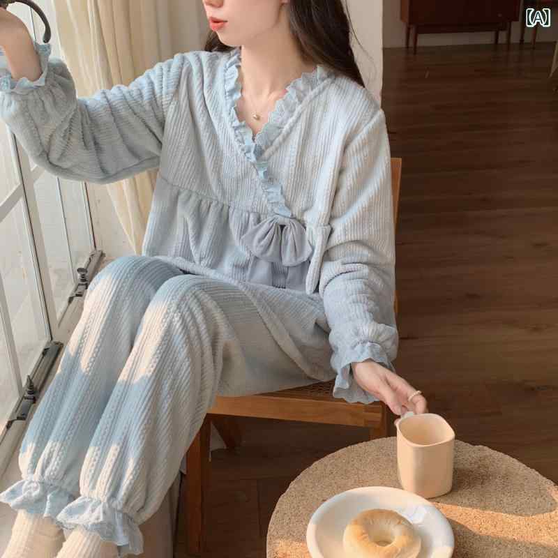 パジャマ ルームウェア 部屋着 レディース 女性用 秋冬 フランネル ジャカード Vネック フリル リボン 長袖 長ズボン 厚手 あったか 保温 防寒 ふわふわ 快適 リラックス 快眠 上下セット かわいい キュート