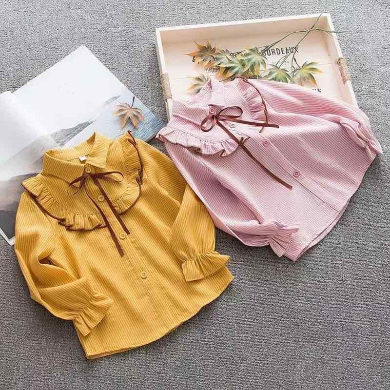 ブラウス 女の子 キッズ 子供 小中学生 裏起毛 暖かい おしゃれ かわいい 韓国風 ストライプ 襟付き フリル 春秋 長袖 カーディガン 羽織り 綿 コットン カジュアル 普段使い お出かけ ピンク イエロー トップス