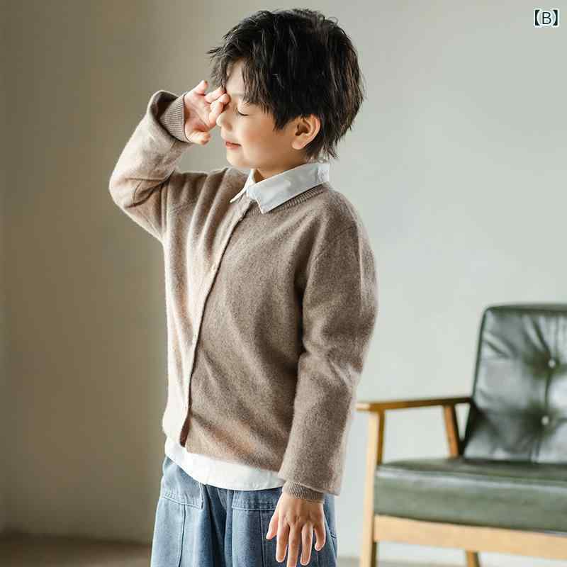 キッズ 子供 ウール100% ニット カーディガン 丸首 無地 男女兼用 ジュニア シング...