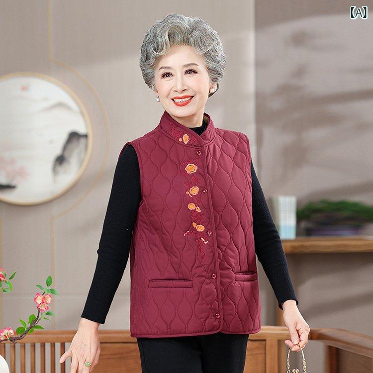 ジレ ベスト マダム シニア女性 秋冬 刺繡 チャイナボタン 羽織り 体型カバー おしゃれ エレガント 民族風 トップス 綿混 ゆったり レッド パープル ajyuri-10497492 あじゅり サンプル画像2
