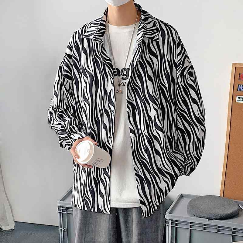 シャツ メンズ 秋冬 春秋 長袖 ストライプ 韓国風 プリント 大きいサイズ ビッグシルエット 学生 カジュアル トップス 綿 コットンブレンド レギュラーカラー ブラック グレー スポーツ ストリートファッション(4.0)