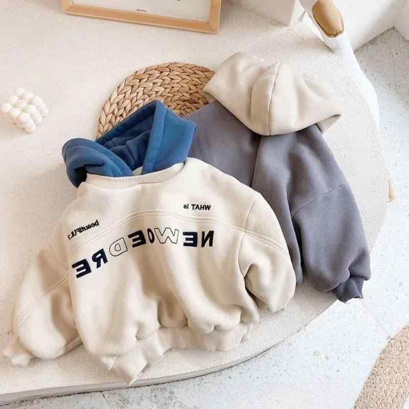 キッズ パーカー ユニセックス 男女兼用 秋冬 英字刺繍 フェイクレイヤード 重ね着風 裏起毛 フリース 厚手 長袖 プルオーバー おしゃれ カジュアル コットン 柔らかな肌触り グレー
