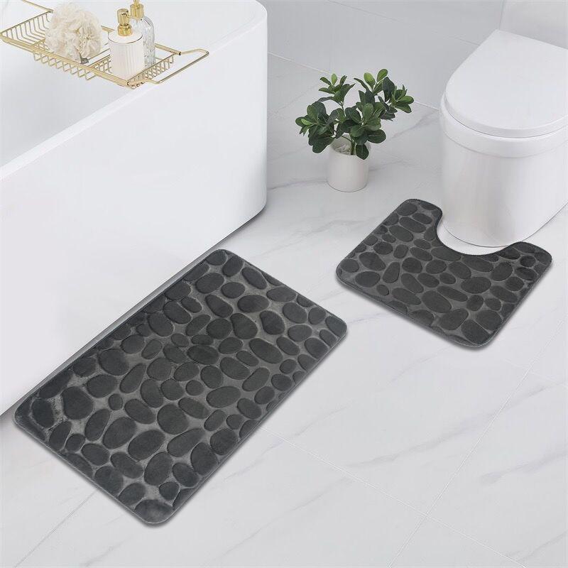 バスマット フランネル エンボス加工 小石畳柄 トイレマット 2点セット 家庭用 ポリエステル 吸水 滑り..