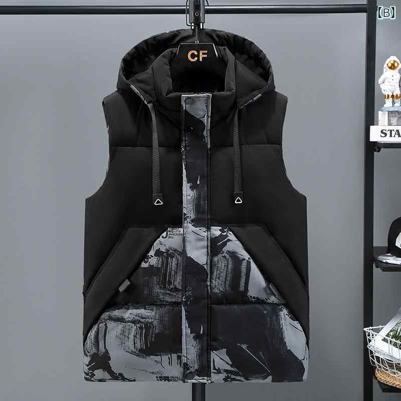 中綿ベスト メンズ 男性用 大きいサイズ ビッグサイズ 冬 ポリエステル スタンドカラー 厚手 暖かい 防寒 トレンド カジュアル 普段使い ブラック 迷彩柄