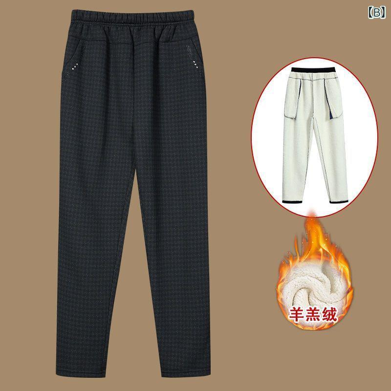 パンツ レディース シニア 裏起毛 極厚 暖かい 防寒 秋冬 ゆったり ストレート ハイウエスト ウエストゴム ポリエステル ストレッチ ロングパンツ 外出着 普段使い チェック柄 ストライプ柄 ajyuri-10195837 あじゅり サンプル画像2