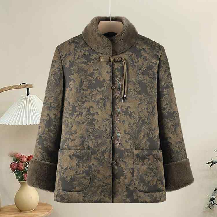 コート レディース ミセス シニア 秋冬 中綿 裏起毛 厚手 エレガント 上品 スタンドカラー ファー付き ゆったり 防寒 防寒着 アウター レトロ 民族風 レッド グリーン
