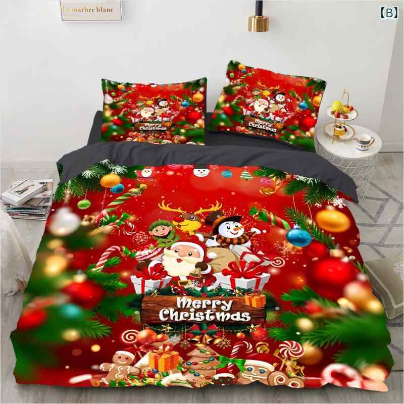 寝具 3D 立体 ベッドリネン ベッドカバー 掛け布団カバー 枕カバー シーツ 3点セット 4点セット クリスマス サンタ柄 上品 化学繊維 ツイル生地 [3]