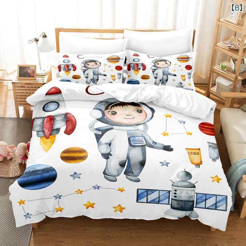布団カバーセット キッズ 子供用 宇宙飛行士 宇宙柄 キャラクター 高精細デジタルプリント ポリエステル ベッドシーツ 掛け布団カバー 枕カバー 3点セット カジュアル 寝具 [2]
