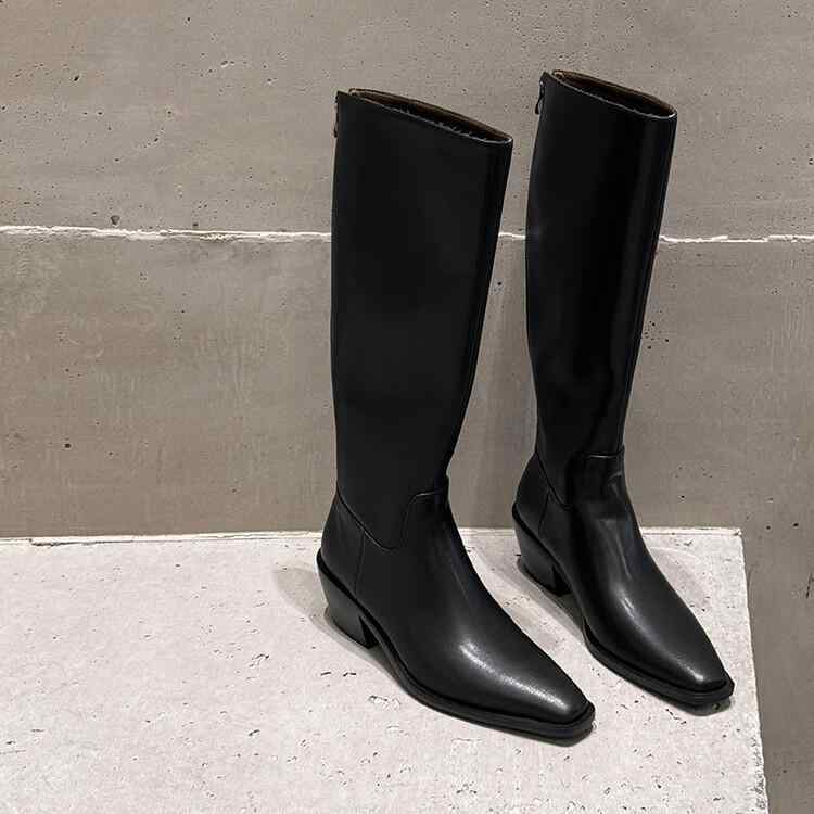 ブーツ レディース 全牛革 本革 5cm チャンキーヒール フレンチテイスト ウエスタン ライディング ロングブーツ スクエアトゥ 秋冬 ブラック ダークブラウン