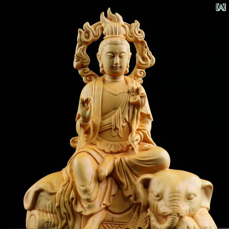 仏像 文殊菩薩 普賢菩薩 華厳三聖 黄楊木彫刻 ツゲ材 木彫り 置物 オブジェ 飾り インテリア 智慧 知恵 真理 神聖 開運 玄関 リビング 和室 床の間 モダン 新中式 [2]
