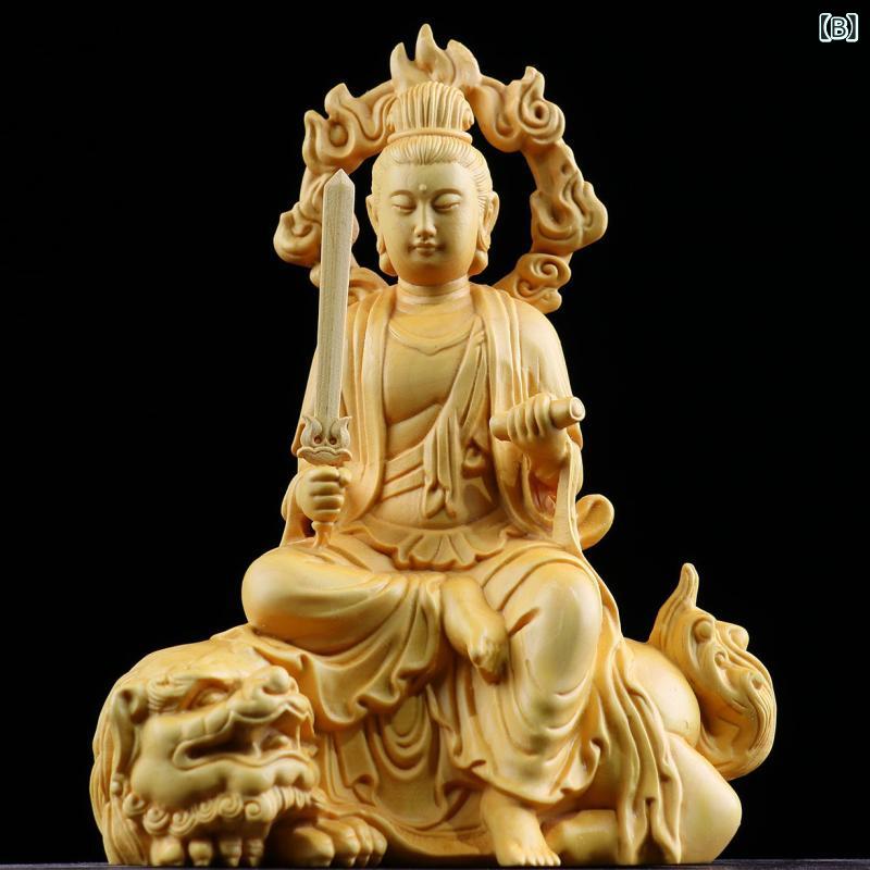 仏像 文殊菩薩 普賢菩薩 華厳三聖 黄楊木彫刻 ツゲ材 木彫り 置物 オブジェ 飾り インテリア 智慧 知恵 真理 神聖 開運 玄関 リビング 和室 床の間 モダン 新中式 [3]