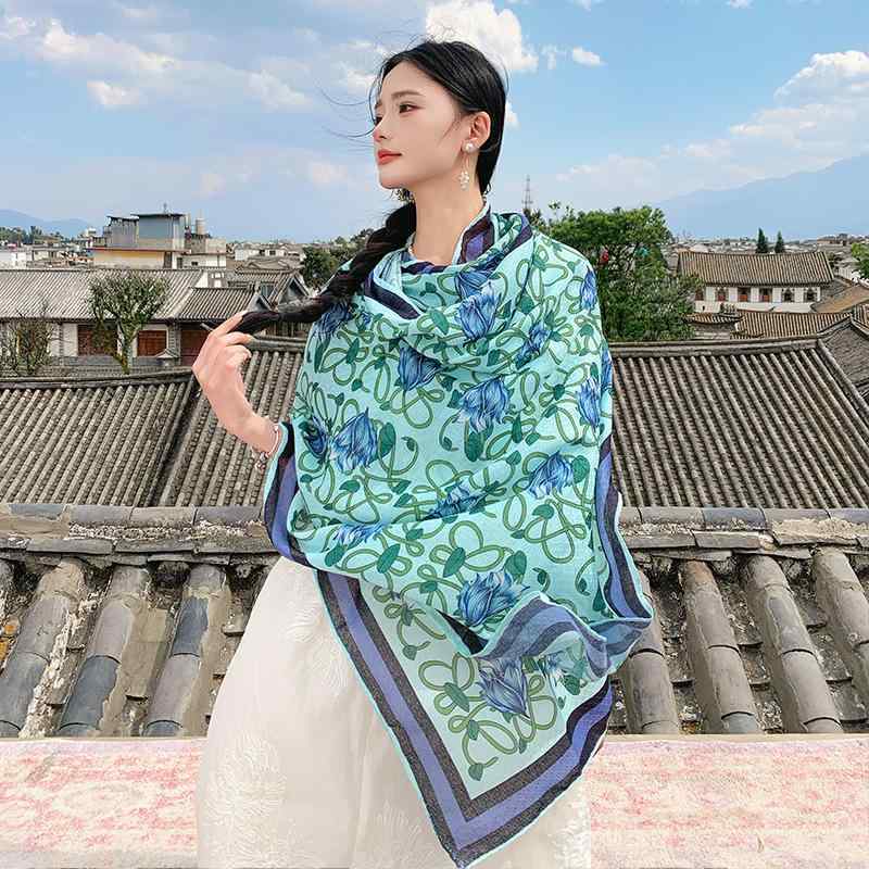 ショール レディース エスニック ドリーミーブルー 幻想的な花柄 コットンリネン 大判 プルオーバー ポンチョ 羽織り 快適 通気性 日差し対策 UVカット ストール