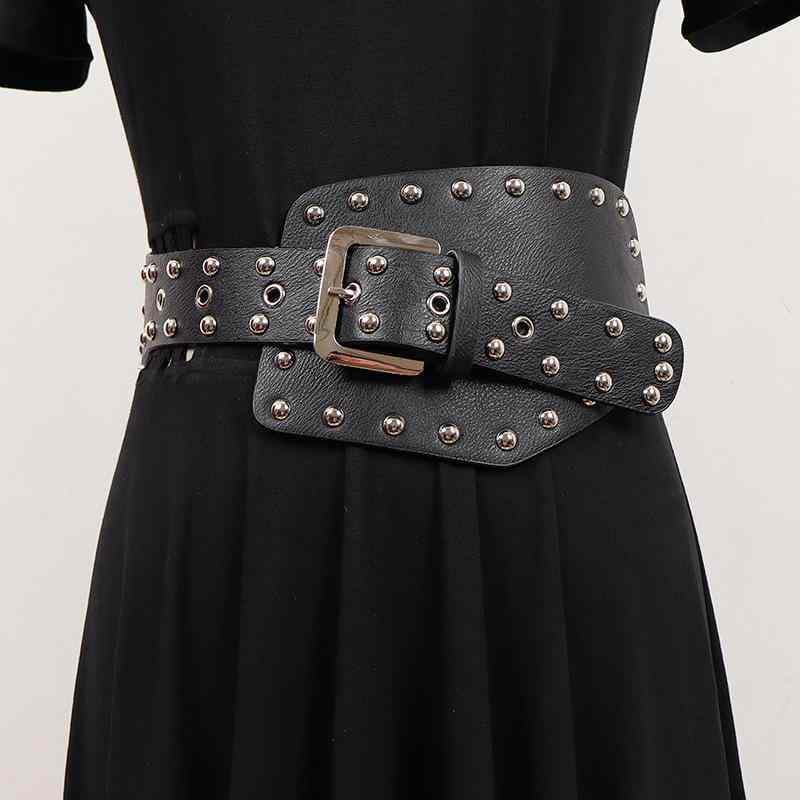 コルセットベルト レディース 太め ワイド レトロ ヴィンテージ パンク ロック スタッズ 高級感 PUレザー 合成皮革 ファッション アクセント ウエストマーク 着回し 万能 スカート ワンピース アウター ブラック 黒