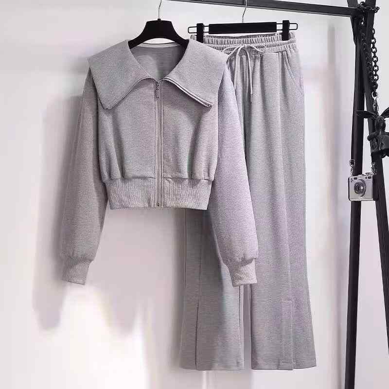 スウェットセットアップ レディース 秋冬 長袖 ショート丈プルオーバー ワイドパンツ 上下2点セット おしゃれ カジュアル スタイルアップ 細見え ポリエステル 切り替え グレー ブラック