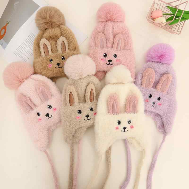 ベビー帽子 冬 防寒 あったか ウサギ耳 キャラクター もこもこ ボア かわいい ポンポン 紐付き 耳当て