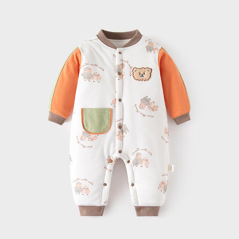 ロンパース ベビー 乳幼児 前開き 120g中綿 厚手 保温 あったか 暖かい 秋冬 長袖 綿100% コットン 男女兼用 かわいい 60 70 80 90cm ルームウェア お出かけ着