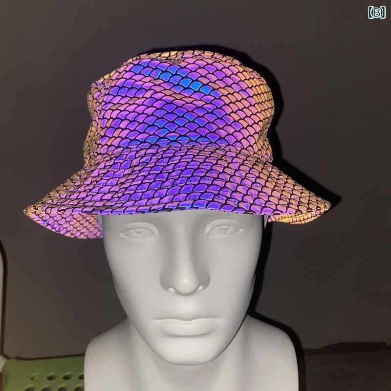 バケットハット 男女兼用 サファリハット 虹色反射 リフレクター 夜光 アウトドア フェス ヒップホップ ストリート 日よけ UVカット 紫外線対策 つば広 ポリエステル 春夏秋