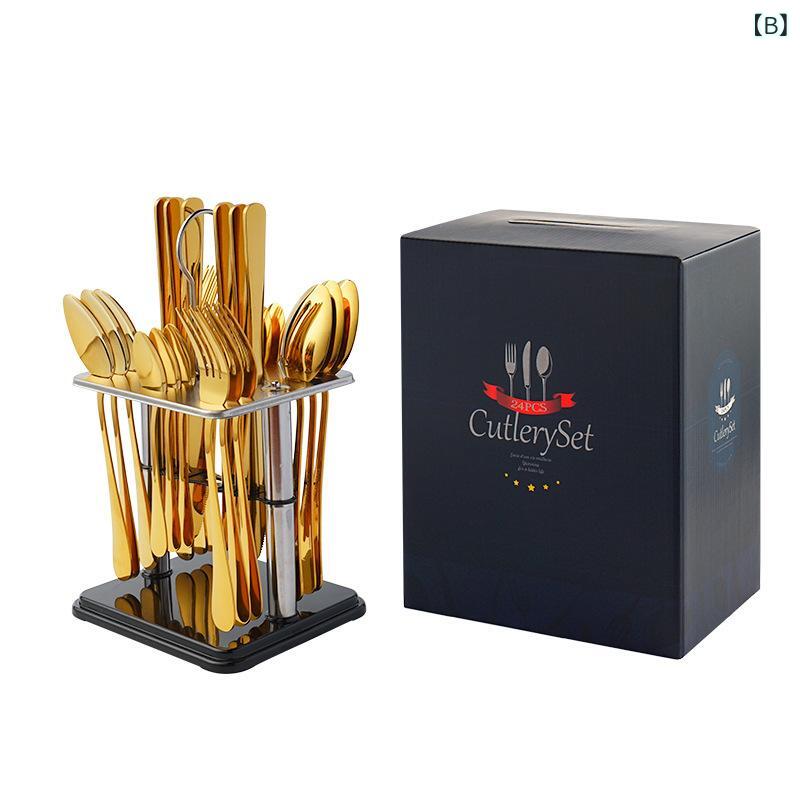 カトラリーセット ステンレス製 24点セット 高級感 スタイリッシュ シンプルモダン ステーキナイフ フォーク スプーン 洋食器 家庭用 来客用 シルバー ゴールド ブラック レインボー