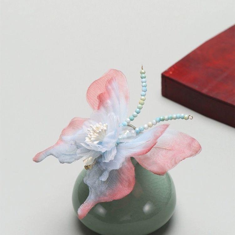ヘアクリップ レディース 蝶々 バタフライ 紫 パープル シフォン オーガンジー グラデーション 布花 手作り ハンドメイド 古風 漢服 和装 浴衣 髪飾り 上品