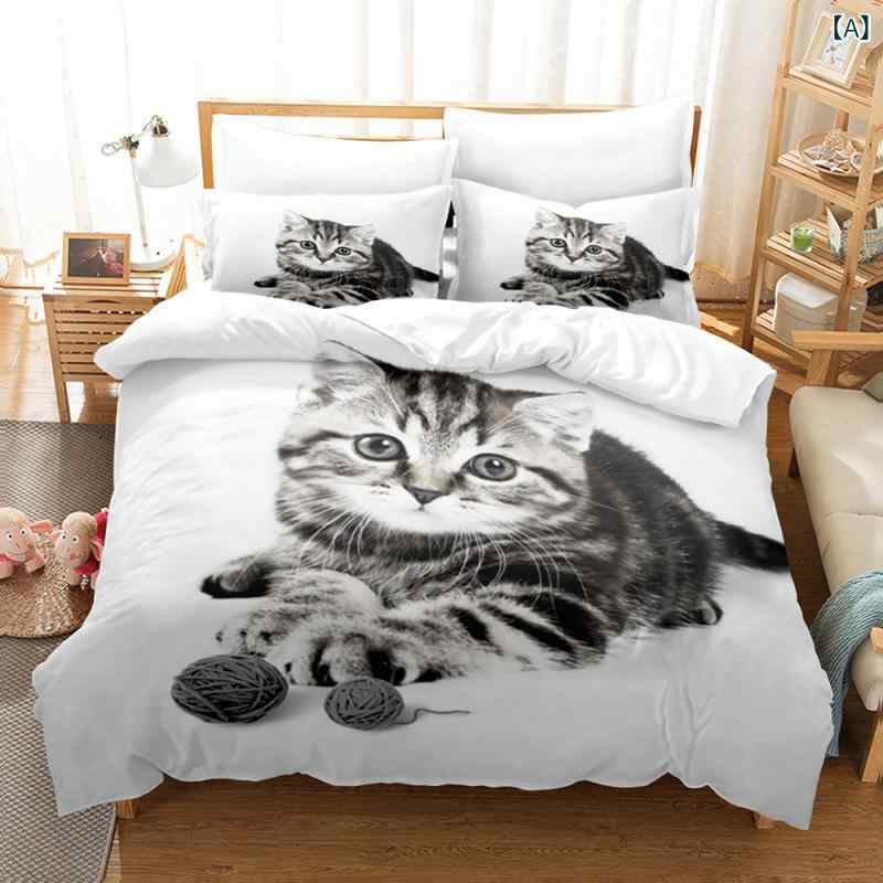 布団カバーセット かわいい 猫 動物柄 3Dデジタルプリント ポリエステル 活性染料 ...