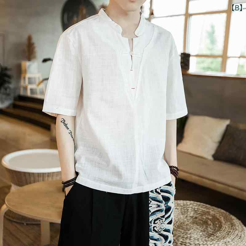 Tシャツ メンズ 男性用 春夏 チャイナ風 民族風 レトロ ヴィンテージ風 綿麻 無地 ...