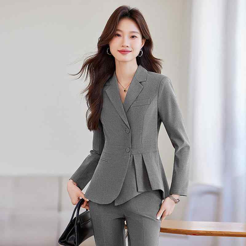 スーツ セットアップ 高級感 上品 エレガント ビジネス フォーマル オフィスユニフォーム 接客 ホテル 宝飾店 マネージャー フロント 会社員 通勤 仕事用 制服 長袖 ロングパンツ ポリエステル グレー ブラック ネイビー
